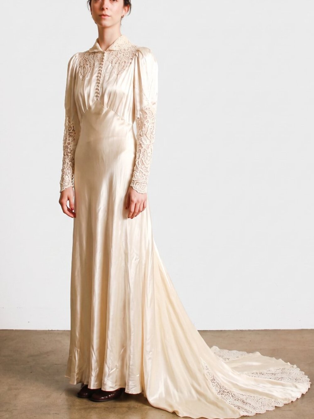 1930s Ivory Liquid Satin Lace Yolk Wedding Gown